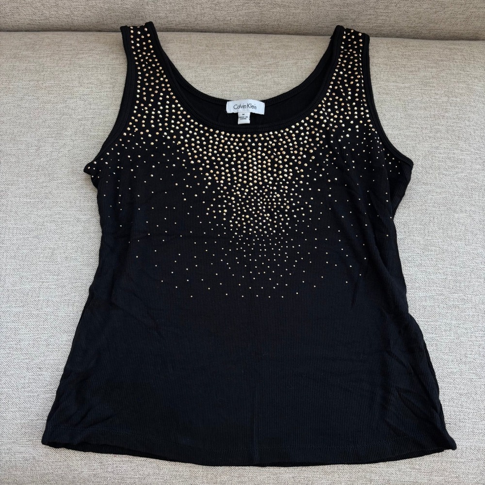 Calvin Klein Gold Stud Rhinestone Embellished Black Ribbed Tank Top Size‎ Medium